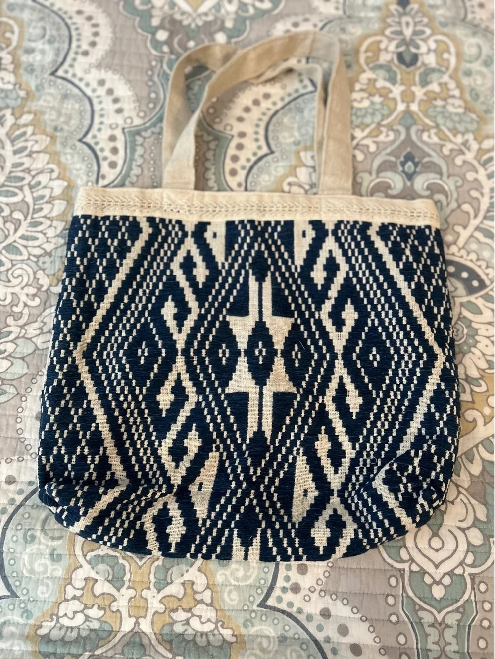 JADEtribe Blue and Beige Woven Tote Bag with Geometric Pattern